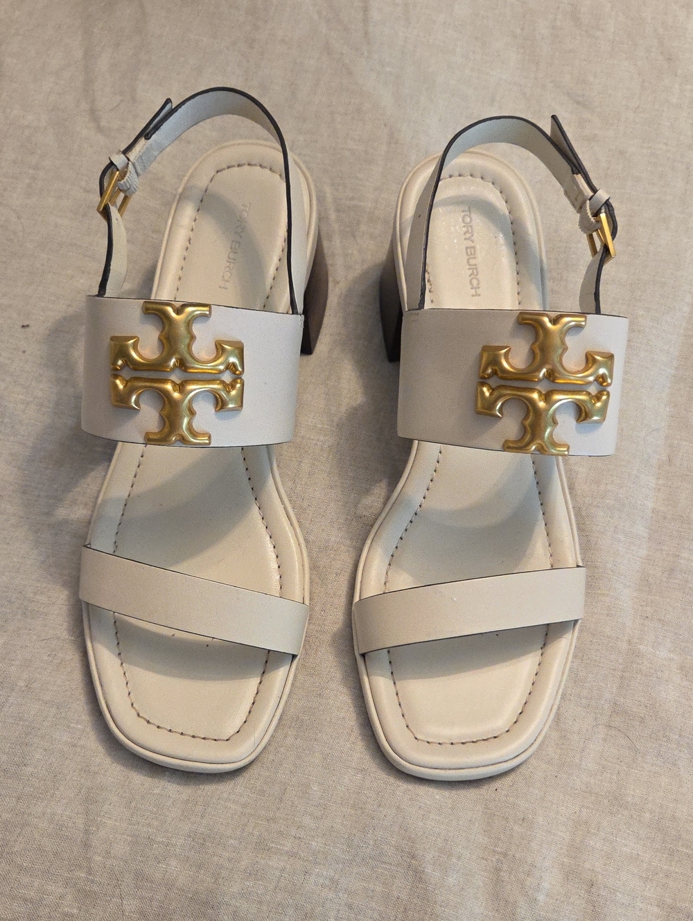Tory Burch Cream Leather Slingback Sandals with Gold Emblem